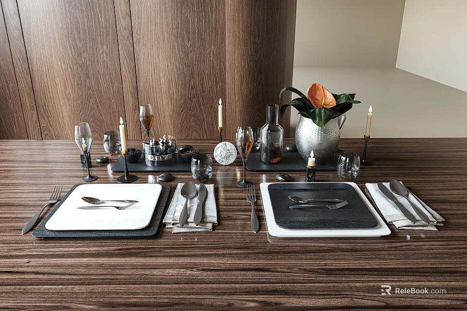 Elegant Tableware Set with Plates Cutlery Wine Glasses and Candle Holders on Wooden Dining Table 3d model 