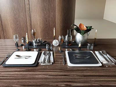 Elegant Tableware Set with Plates Cutlery Wine Glasses and Candle Holders on Wooden Dining Table 3d model