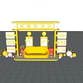 Yellow Happy Gas Station Scene With Fuel Dispensers Direction Signs And Safety Barrels