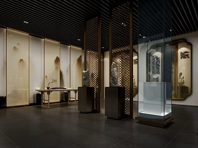 Traditional Cultural Center Interior Design With Wooden Screens Exhibition Cases And Calligraphy Works 3d model