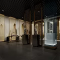 Traditional Cultural Center Interior Design With Wooden Screens Exhibition Cases And Calligraphy Works