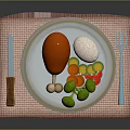 Chicken Leg on Plate with Mushrooms Green Fruits Sliced Vegetables Checkered Placemat Knife Fork