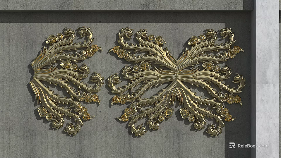 Intricate Golden Symmetrical Ornate Carved Decorations On Gray Wall Surface 3d model 