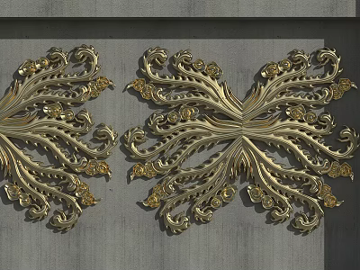 Intricate Golden Symmetrical Ornate Carved Decorations On Gray Wall Surface 3d model