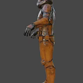 Man wearing rusted metallic armor with helmet and orange glowing eyes