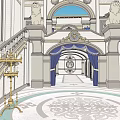 Sacred Religious Building With Symmetrical Steps Blue Flags And Ornate Decorations