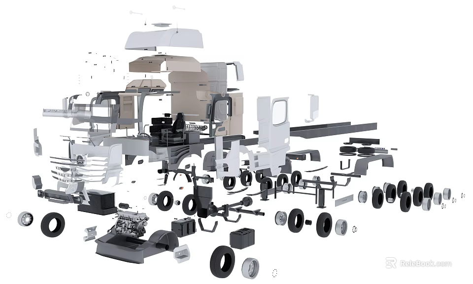 Detailed View Of Mechanical Parts Assembly With Engine Tires Wheels And Components 3d model 