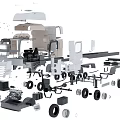 Detailed View Of Mechanical Parts Assembly With Engine Tires Wheels And Components