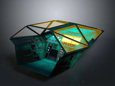 Futuristic Cockpit With Glass Windows Overlooking Scenic Blue Green Landscape 3d model