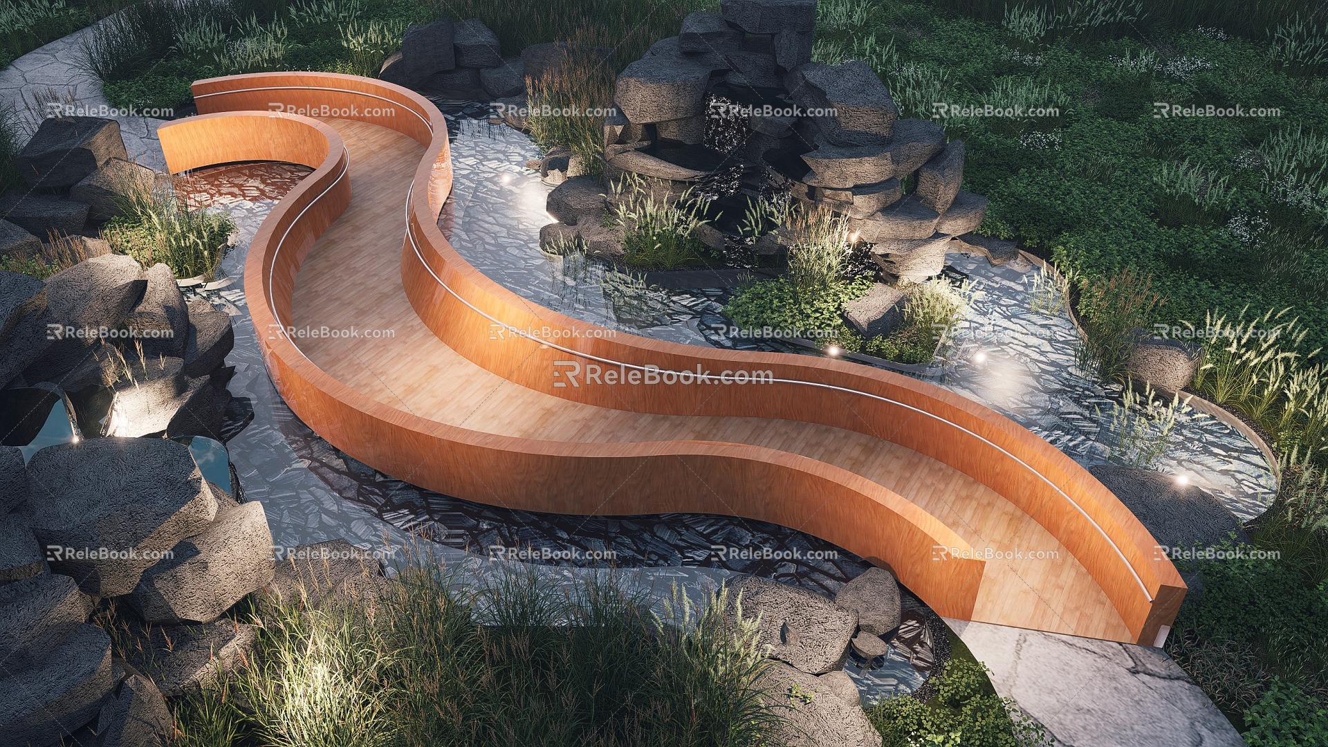 Outdoor landscape bridge waterfront small bridge trestle road rockery falling water wooden bridge wooden trestle road 3d model