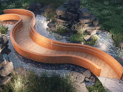 Curved Wooden Landscape Bridge With Flowing Water Rocks And Lush Green Grass 3d model