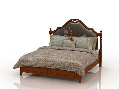 Classic Double Bed Featuring Carved Wooden Headboard and Patterned Bedspread with Pillows 3d model
