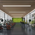 Spacious Modern Fitness Gym With Workout Equipment Wooden Ceiling Large Windows And Green Plant Wall