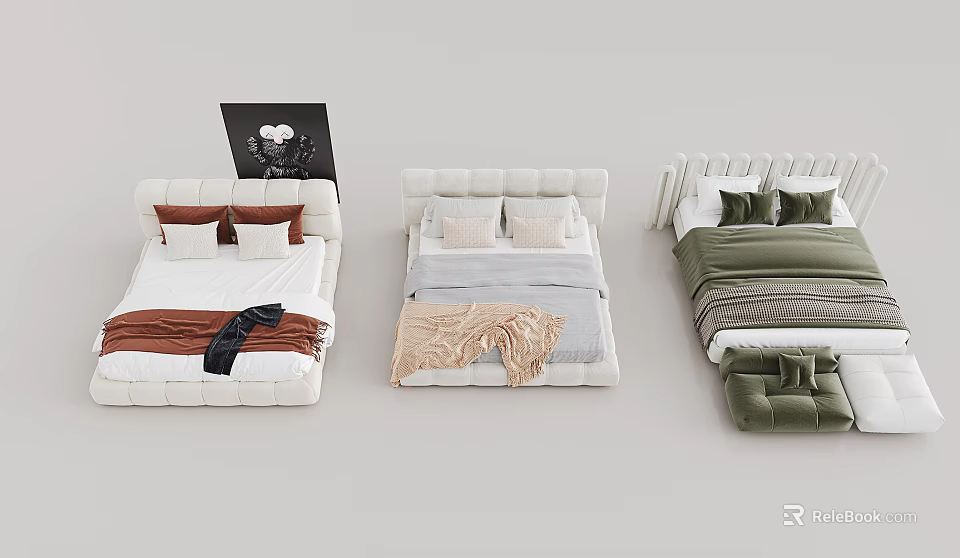 Modern Double Beds With Different Colored Bedding Pillows Blankets And Accent Cushion 3d model