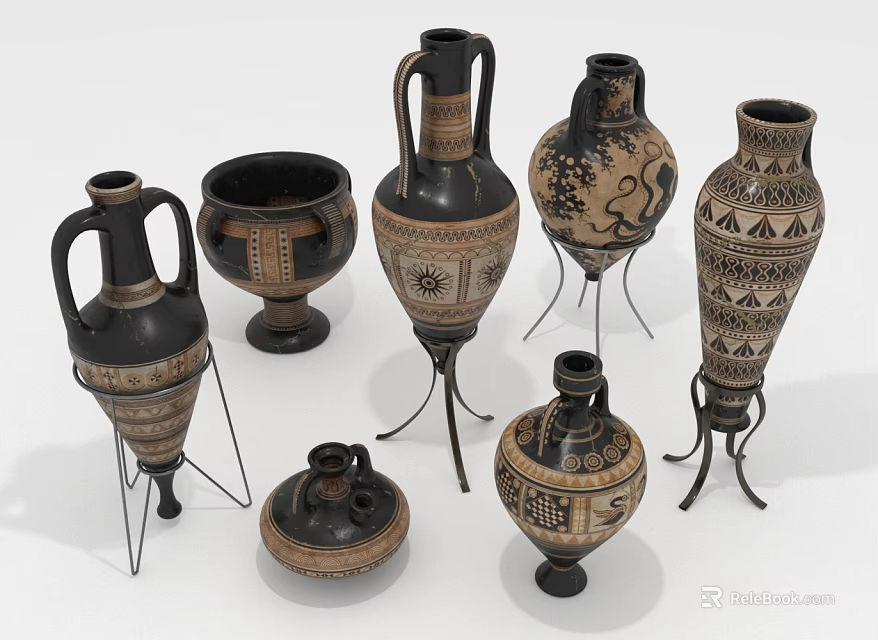 Decorative Potted Plants in Various Shaped Ceramic Vases on Metal Stands 3d model 