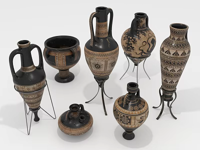 Decorative Potted Plants in Various Shaped Ceramic Vases on Metal Stands 3d model