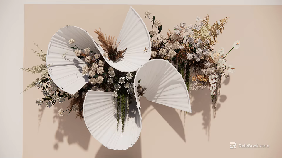 Elegant White Petal Shaped Vases With Dried Flowers And Mixed Floral Arrangement 3d model 