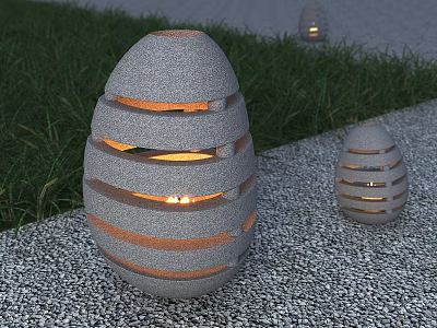 Outdoor Stone Egg Lanterns With Hollow Striped Design And Warm Light On Grass Gravel 3d model