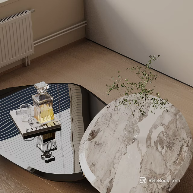 Modern Sofa And Coffee Table Set With Marble Top Decorative Plant And Wooden Floor 3d model 