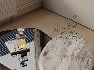 Modern Sofa And Coffee Table Set With Marble Top Decorative Plant And Wooden Floor 3d model