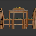 Dining Table Set With Marble Top Six Green Cushioned Chairs Woven Placemat And Fruit Bowl