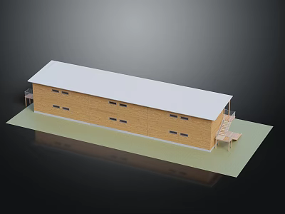 Single Story Wooden Building With White Roof And Multiple Windows On Lawn Foundation 3d model