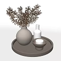 White Vase With Brown Flowers On Black Tray Including Small White Bottle And Bowl
