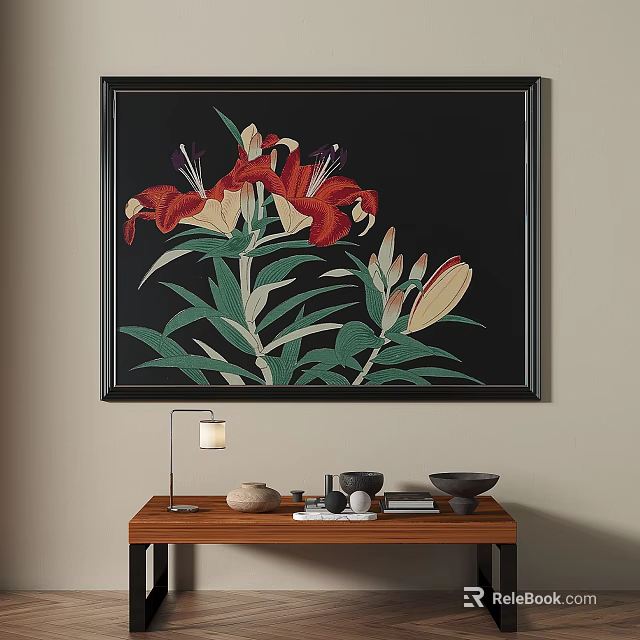 Red White Lily Botanical Painting in Black Frame on Wall with Wooden Table Decor 3d model 