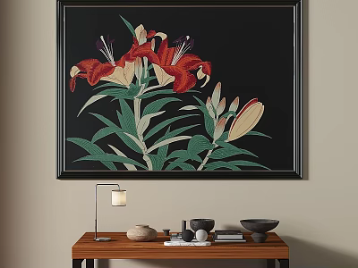 Red White Lily Botanical Painting in Black Frame on Wall with Wooden Table Decor 3d model