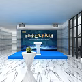 Modern Exhibition Hall With Marble Floor Landscape Paintings Display Stands And Digital Screens