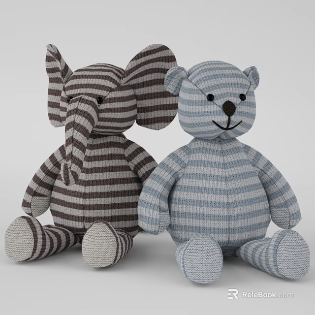 Cute Stuffed Elephant And Bear Toys With Striped Knit Fabric In Brown And Blue 3d model 