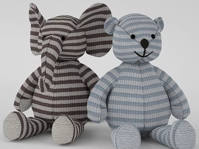 Cute Stuffed Elephant And Bear Toys With Striped Knit Fabric In Brown And Blue 3d model