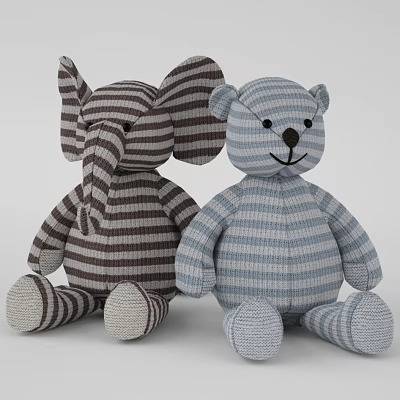 Cute Stuffed Elephant And Bear Toys With Striped Knit Fabric In Brown And Blue 3d model
