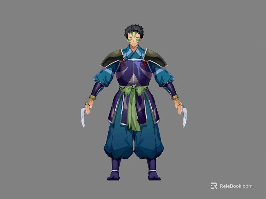 Anime Character Design In Traditional Blue Purple Armor With Green Sash And Dual Daggers 3d model 