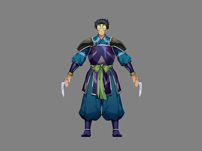 Anime Character Design In Traditional Blue Purple Armor With Green Sash And Dual Daggers 3d model