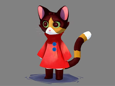 Cartoon Cat With Black Brown Fur Green Eyes Red Coat Boots And Brown White Tail 3d model