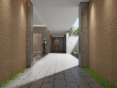 Exclusive Clubhouse Corridor Interior with Stone Walls Statue Wooden Door and Natural Light 3d model