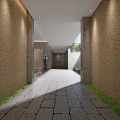 Exclusive Clubhouse Corridor Interior with Stone Walls Statue Wooden Door and Natural Light