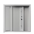 Modern Wooden Door With Vertical Stripes Black Frame And Glass Side Panels Viewing Trees Outside