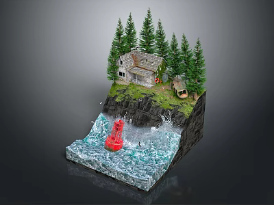 Scenic Cliffside Landscape With Small House Pine Trees Red Buoy And Turbulent Waves 3d model