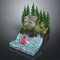 Scenic Cliffside Landscape With Small House Pine Trees Red Buoy And Turbulent Waves