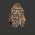 Ancient Metal Helmet With Intricate Grid Design And Decorative Facial Elements