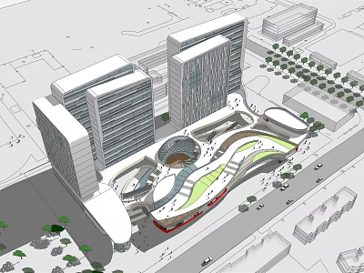 Modern Office Building Complex With Green Roof And Urban Landscaped Areas 3d model