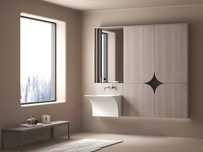 Elegant Modern Bathroom Washbasin Design With Wall Mounted Cabinet Mirror And Natural Light Window 3d model