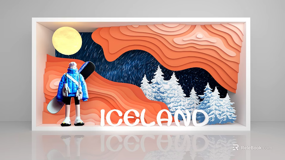 Iceland Themed Window Display With Mannequin Snowboard Orange Waves And Snowy Mountains 3d model 