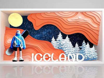Iceland Themed Window Display With Mannequin Snowboard Orange Waves And Snowy Mountains 3d model