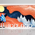 Iceland Themed Window Display With Mannequin Snowboard Orange Waves And Snowy Mountains