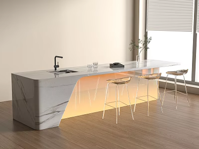 Modern Marble Bar Counter With Faucet Sink Glassware Metal Bar Stools And Warm Lighting Underneath 3d model