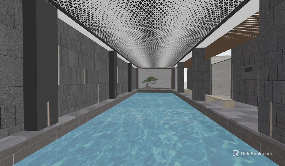 Swimming Pool Interior with Blue Water Gray Walls Grid Ceiling and Decorative Tree 3d model 