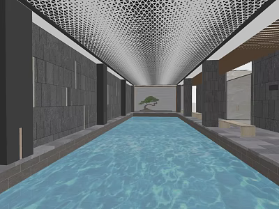 Swimming Pool Interior with Blue Water Gray Walls Grid Ceiling and Decorative Tree 3d model